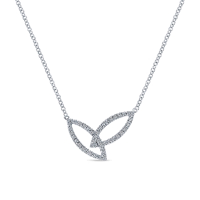 Round brilliant diamonds shimmer in two distinct diamond sections all set into 14k white gold in this necklace.