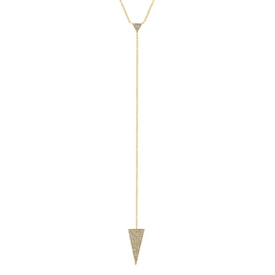 This gorgeous 14k yellow gold diamond lariat necklace features one quarter carats f high quality round diamonds glistening from a lariat style drop in this fashionable diamond drop necklace.