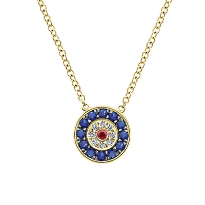 This 14k yellow gold evil eye necklace features diamonds, rubies and sapphires, oh my!