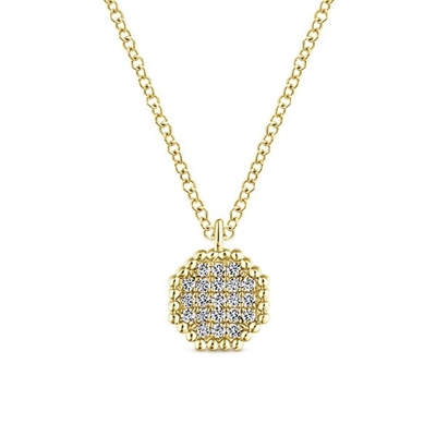 14k yellow gold diamond cluster necklace with diamond accents.