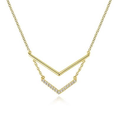 Two bar sections create this 14k yellow gold diamond bar necklace