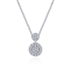 This 14k white gold diamond necklace showcases two diamond disc sections.