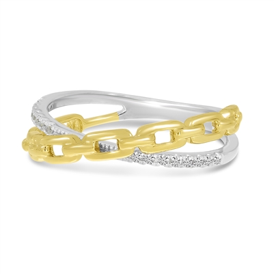 This stylish 14k white and yellow gold ring features a diamond row underneath a chain style link.