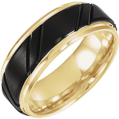 This men's wedding band features black and yellow tungsten.