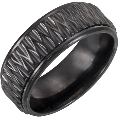 This black titanium men's wedding band is 8 mm wide.