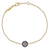 This evil eye bracelet features diamonds and sapphires with a gorgeous center ruby to ward off the bad fashion omens! All in 14k yellow gold!
