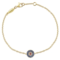 This evil eye bracelet features diamonds and sapphires with a gorgeous center ruby to ward off the bad fashion omens! All in 14k yellow gold!