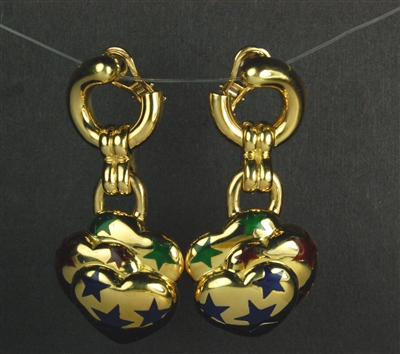 Estate Jewelry - Earrings - 18 Karat Yellow Gold and Enamel Heart Drop Earrings