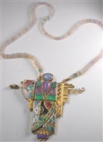Estate Jewelry - Necklaces - 24 Karat and 14 Karat Yellow Gold With Silver Opal and Enamel Necklace