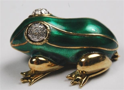 Estate Jewelry - Brooch - 14 Karat Yellow Gold Enamel Frog Brooch