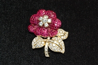 Estate Jewelry - Brooch - 18 Karat White Gold Diamond and Ruby Brooch