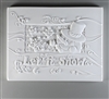 A rectangular tile of white ceramic with a carved design. The center has a smaller rectangle with a cartoon snowman face on the right and the rest filled with snowflakes. Curving text below reads Let it Snow, and the background is filled with windy lines.