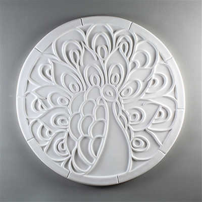 A circular tile made of white ceramic. The carved texture has a stylized peacock in the center, with the tail occupying most of the tile. There is a thin, segmented border around the peacock and its tail.