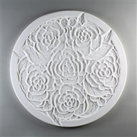 A circular tile made of white ceramic. The carved texture has the outline of six peony flowers with several leaves. There is a thin border containing most of the flowers and leaves, but the points of four longer leaves break through it.