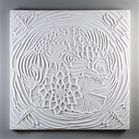 A large square tile made of white ceramic. The carved texture shows a curved koi around a lotus-like flower and lily pads in the center. There are watery waved lines surrounding the koi and foliage, and a small dragonfly at each corner facing inwards.