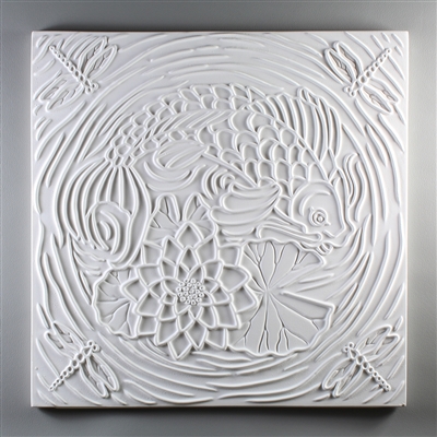 A large square tile made of white ceramic. The carved texture shows a curved koi around a lotus-like flower and lily pads in the center. There are watery waved lines surrounding the koi and foliage, and a small dragonfly at each corner facing inwards.