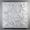 A large square tile made of white ceramic. The carved texture shows a seascape with two starfish at the top, a couple large pieces of branching coral towards the bottom, and an assortment of shells at the base. There is a background of waves and bubbles.