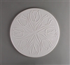 A circular tile made of white ceramic. The carved texture has eight tulips radiating outwards from the center with their flowers facing the edge of the tile. Each flower has two thin leaves on either side of it.