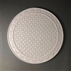 A circular tile made of white ceramic. The carved texture has a center circle of a repeating small diamond pattern that mimics old crystal. The ring outside this center circle has half-circle embellishments along it before reaching the tileâ€™s border.