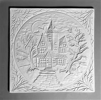 A large square tile made of white ceramic. The carved texture has a large circle in the center with a haunted house flanked by two dead trees, tombstones in the front, and a moon with bats in the cloudy sky. Outside the circle are spindly branch designs.