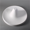 A circular white ceramic mold for fusing glass on a grey background. The middle has a raised cone with a flat top that slopes downwards into the rest of the circle.