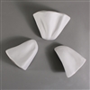 Three wedge-shaped ceramic molds for fusing glass on a grey background. Each wedge has a few gentle waves and ridges to give it texture like a large flower petal. They are arranged spaced apart with their points turned inward.