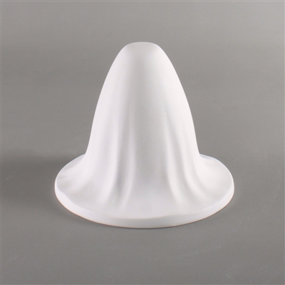 A side view of a circular white ceramic mold for fusing glass on a grey background. The center has been raised into a tall cone with a flat top that slopes downwards and outwards to the circleâ€™s edge. There are a few textured ripples around the cone.