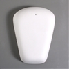 A thin wedge-shaped white ceramic mold for fusing glass on a grey background. The wider part of the wedge bends outwards into a curve, while the thinner portion ends in a flat edge before it reaches a point.