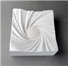 A tall square white ceramic mold for fusing glass on a grey background. There is a flat circle carved into the very center. Many lines spiral counterclockwise like a tornado from the edges into this flat center as the mold slopes inwards like a bowl.