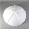 A circular white ceramic mold for fusing glass on a grey background. The mold has been shaped into a dome. Five evenly spaced raised lines radiate outwards from the top point of the dome in a star shape.