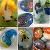 A collage of six different images of fused glass projects, all involving creating depth in your glass. Most of them are oval or egg shaped, with clear glass above a small figure or background.