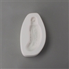An oval white ceramic mold for fusing hot glass on a grey background. A slightly curved pickle with a standard ornament cap at the top has been carved into it. The ornament cap has a post in the middle allowing the final piece to be strung.