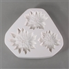 A triangular white ceramic mold for fusing hot glass on a grey background. Three flat detailed poinsettia flowers have been carved into it. Each flower is a slightly different size, with the bottom left being the largest and the bottom right the smallest.