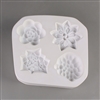 A square white ceramic mold for fusing hot glass on a grey background. Four detailed succulents have been carved into it. Each succulent has a different design similar to that of a real species, but all are similarly sized.