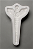 A T-shaped white ceramic mold for fusing hot glass on a grey background. A winged angel holding hands together in prayer with an elongated icicle body has been carved into it. There is a post in the angelâ€™s halo allowing for hanging after firing.