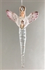 A fused glass angel ornament hanging in front of a gray background. The angel is mostly white with gold accents on the halo, hair, sleeves, and wings. The body tapers into a clear icicle shape. The wings also have a bit of mauve at the edges.