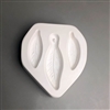 A roughly triangular white ceramic mold for fusing hot glass on a grey background. Three feathers in two separate sizes have been carved into it. The side feathers are smaller, and the center feather has a post at the base to allow for stringing.