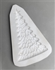 A triangular white ceramic mold for fusing hot glass on a grey background. A thin, detailed Christmas tree topped with a four-pointed star has been carved into it. The tree is covered in small circular ornaments.