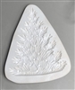 A triangular white ceramic mold for fusing hot glass on a grey background. A wide, detailed Christmas tree topped with a eight-pointed star has been carved into it. The tree is covered in small circular ornaments.