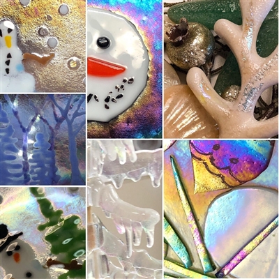 A collage of seven close-ups of fused glass projects all involving luminescent glass. Most of the projects have a snowy or winter theme, though one close-up does show a piece of coral and a shell.