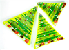 Three triangular green glass dishes in slightly varying sizes made to look like Christmas trees. They are all similarly decorated with thin lines of other shades of green stacked upwards towards the points. Each has small circular ornaments and presents.