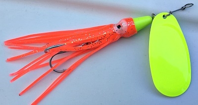 Squid Bomb Heavyweight Spinner/Chartruese/Red/1 ounce/Treble Hook