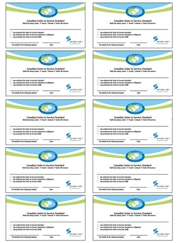 Swim To Survive Certificate Wallet Size in color sheet of 10