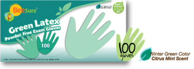 BeeSure Green Latex PF Exam Gloves, citrus mint