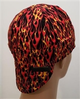 yellow and red flames welding hat or cap with red inside color.