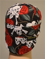 Welder cap has skulls w/red roses and green leaves and brown thorns.