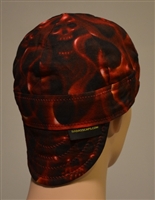 welding cap skulls on fire red smokey background of fear and horror