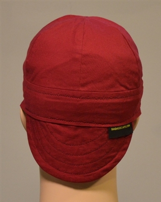 Welding hats or caps crimson in color.