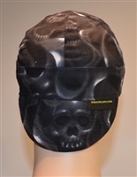 Black skulls welding hats on fire with smoke and angry looking skull.