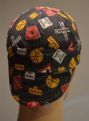 railroad welder cap with train signs